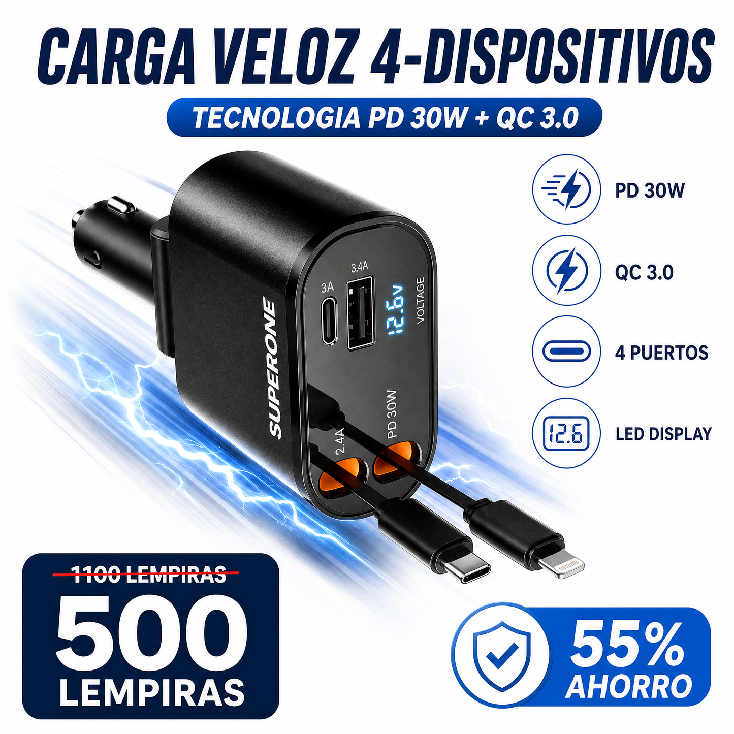 AutoCharge Pro 4-en-1 – Cargador Retráctil Inteligente para Auto