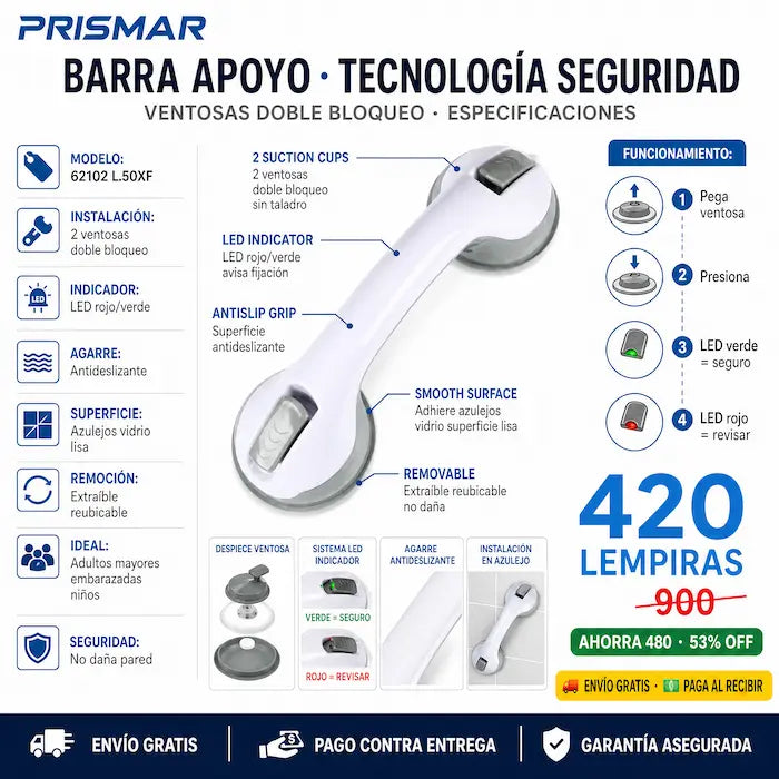 🛁🛡️ Agarradera de Seguridad para Baño — Sin Taladro | Indicador Verde | Instalada en 5 Segundos ✅💧