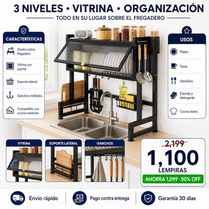 Organizador de Cocina Sobre el Fregadero con Vitrina — Libera el 100% del Mesón