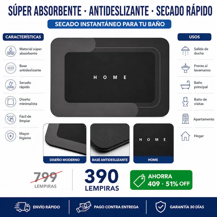 Tapete Mágico Súper Absorbente para Baño — Pies Secos al Instante, Sin Resbalones ni Malos Olores
