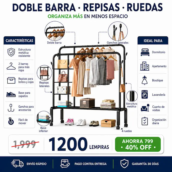 Perchero Closet Abierto Doble Barra con Ruedas — Organizá Toda tu Ropa, Zapatos y Accesorios