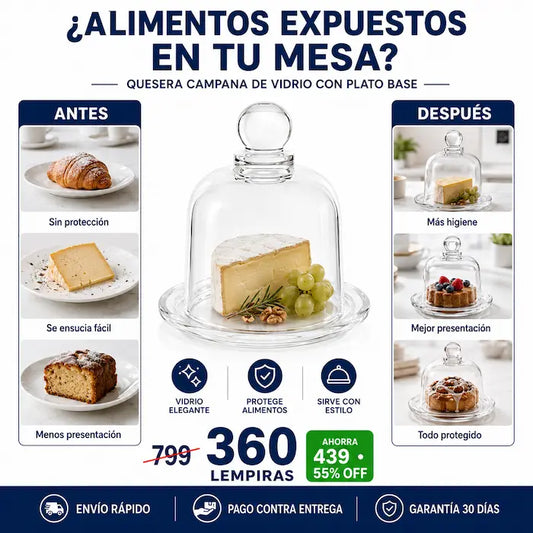 Quesera Campana de Vidrio Elegante con Plato Base — Decorá tu Mesa y Conservá tus Alimentos