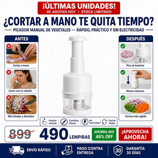 Picador Manual de Vegetales por Presión — Cebolla, Ajo y Vegetales en Segundos Sin Lágrimas