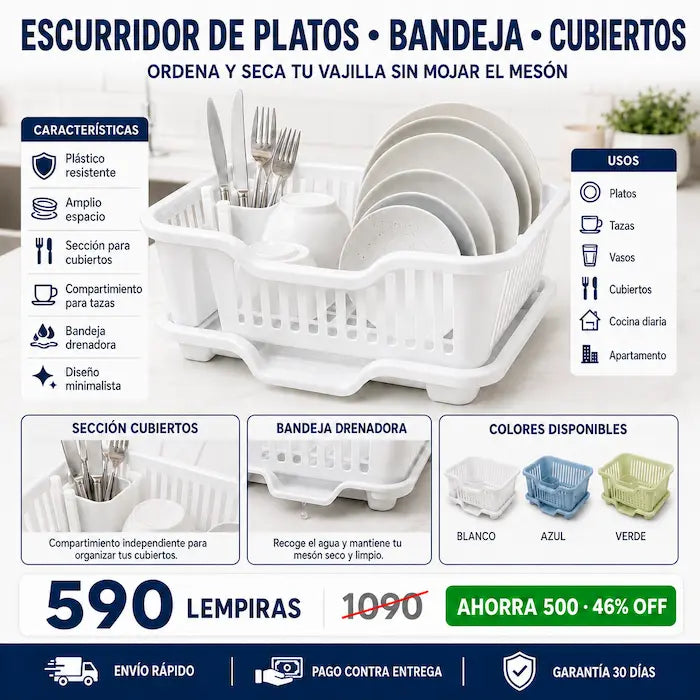 Escurridor de Platos con Bandeja Drenadora — Cocina Ordenada, Mesón Seco y Vajilla en su Lugar