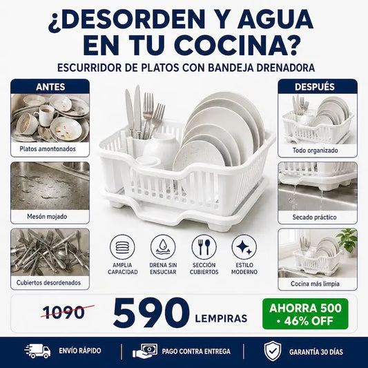 Escurridor de Platos con Bandeja Drenadora — Cocina Ordenada, Mesón Seco y Vajilla en su Lugar