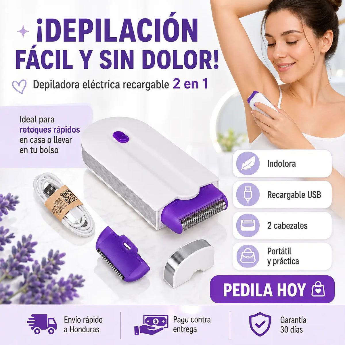 Depiladora Eléctrica Recargable Indolora 2 en 1 — Piel Suave Sin Dolor, Sin Cera y Sin Salón