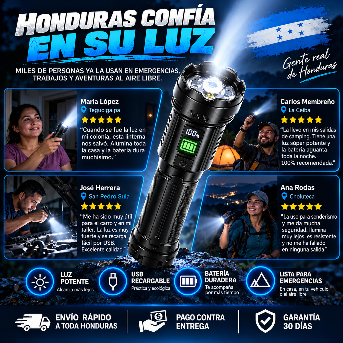 Linterna Táctica Recargable 7 LED con Display Digital USB