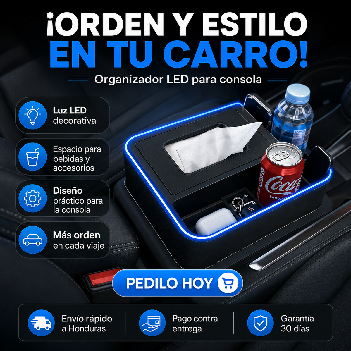 GlowDock Pro – Organizador de Consola con Luces LED y Portavasos
