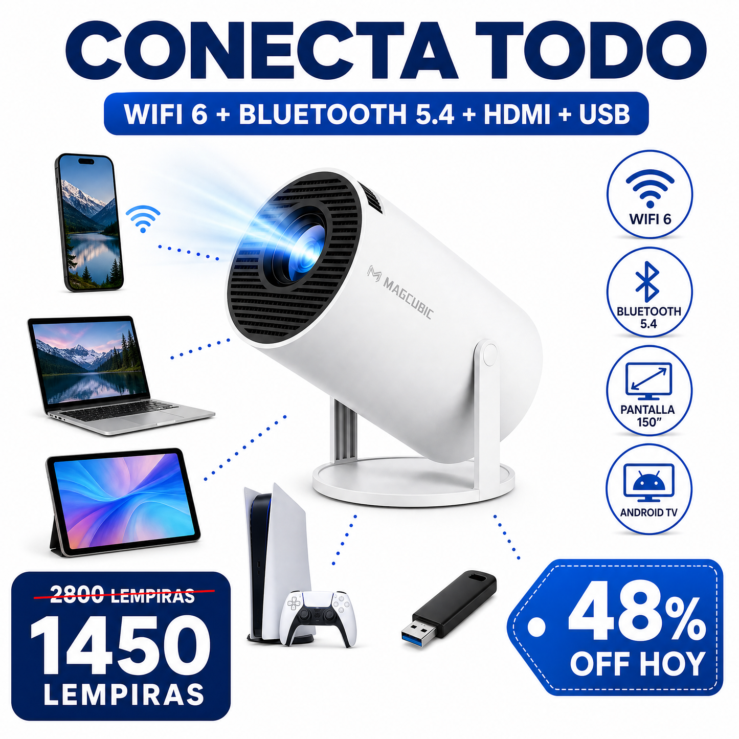 Proyector Smart+ 4K Support (WiFi 6 + Bluetooth 5.4) – Rotación 180° + Keystone Auto + SoundBase 5W