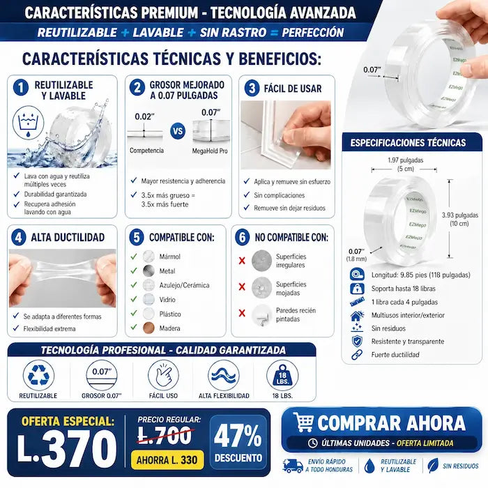 2x1 MegaHold Pro – Cinta Doble Cara Transparente Ultra Fuerte Paga uno recibe 2