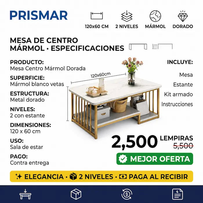 🪨✨ Mesa de Centro Efecto Mármol con Estructura Dorada | 2 Niveles | Estilo Lujoso 🏠💛
