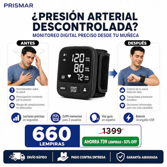 NUEVO Monitor Digital 2026 de Presión Arterial de Muñeca – Pantalla LED, Memoria Doble y Voz Guía + seguro de Garantía