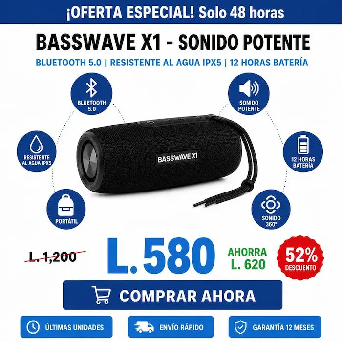 BassWave X1 – Bocina Bluetooth Portátil / Subwoofer para Exteriores