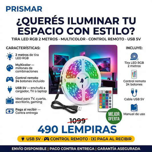💡🌈 Tira LED RGB con Control Remoto — USB | 360° Multicolor | Para TV, Cuarto y Gaming ✨🎮