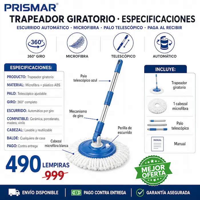🧹💧 Trapeador Mopa con Escurridor Automático — Giro 360° | Palo Extensible 🏠✨