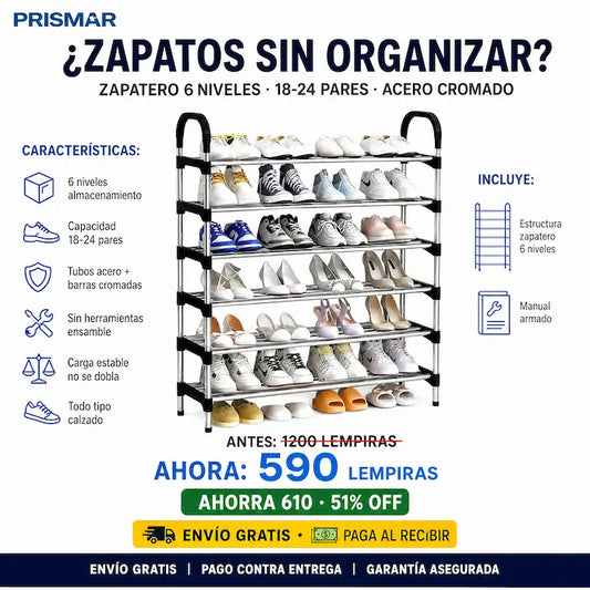 👟🏠 Zapatera Metálica 6 Niveles | Hasta 24 Pares • Armada en 15 Min • Sin Herramientas ⚡✅
