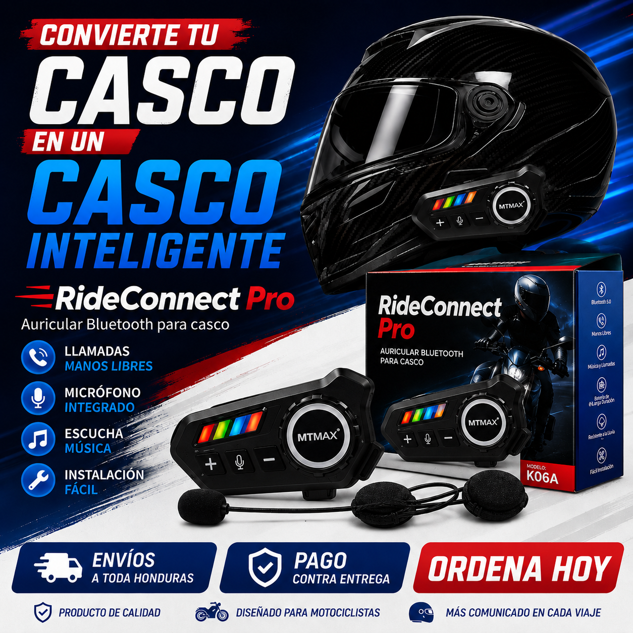 RideConnect Pro | Manos Libres | Batería 40H | Resistente al Agua | Pago al Recibir HN