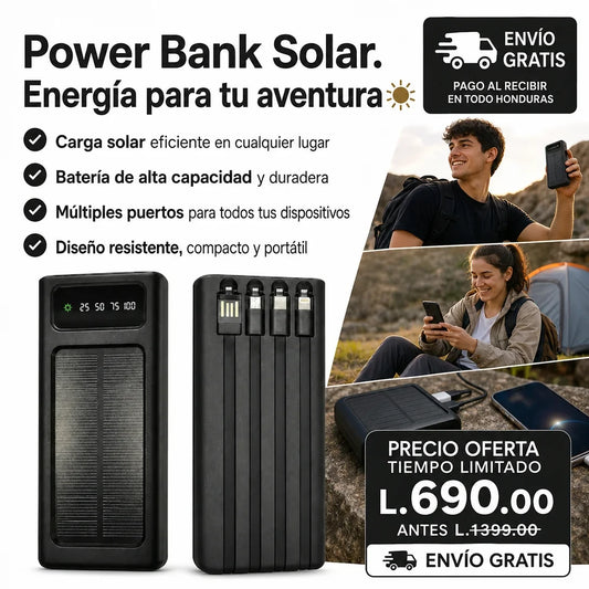 Power Bank Solar 20,000mAh — 4 Cables Integrados | Carga Rápida | Pantalla LED | Envío Gratis 🚀⚡