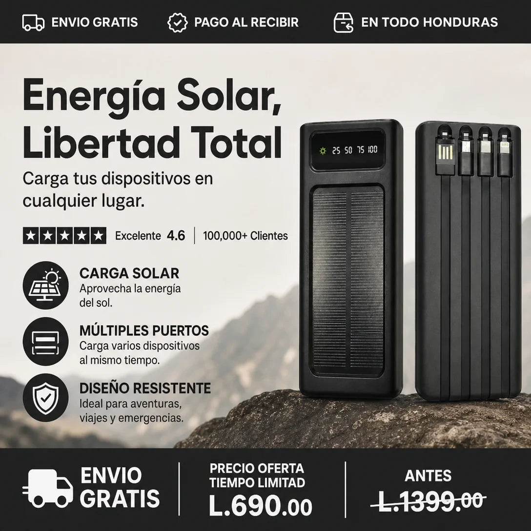 Power Bank Solar 20,000mAh — 4 Cables Integrados | Carga Rápida | Pantalla LED | Envío Gratis 🚀⚡