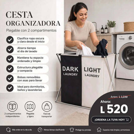 Cesta de Ropa Doble con Separador para Lavandería | AMAZON CON GARANTIA Y CERTIFICACION | ColorSort Pro