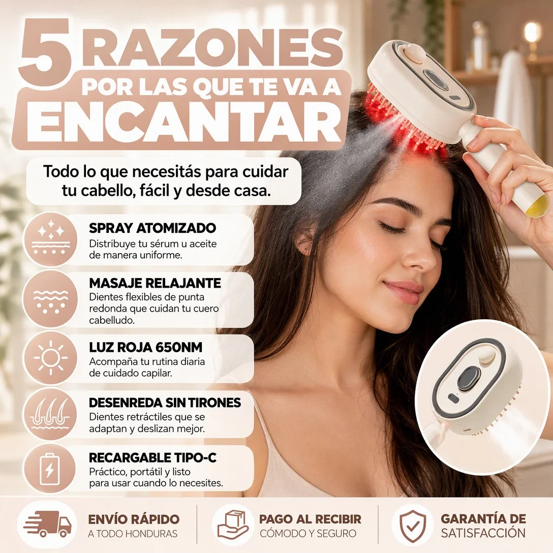 Peine Eléctrico 4 en 1 con Luz Roja, Spray de Aceite y Masaje para el Cabello – Recargable USB-C