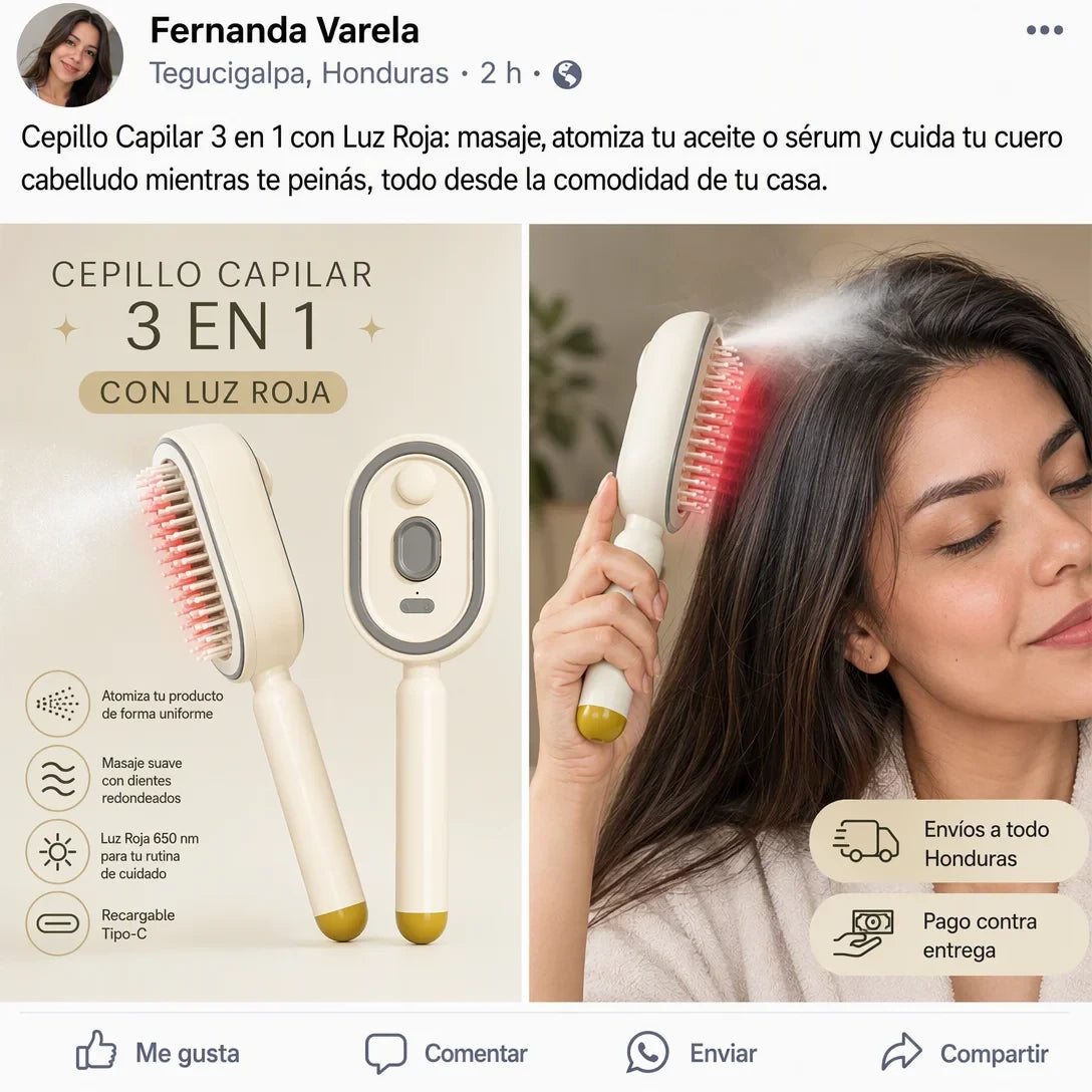 Peine Eléctrico 4 en 1 con Luz Roja, Spray de Aceite y Masaje para el Cabello – Recargable USB-C