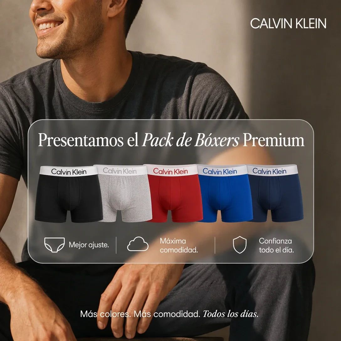 Pack 5 Bóxers Premium CALVIN KLEIN| Cintura Ancha Elástica · 5 Colores + Pago al Recibir