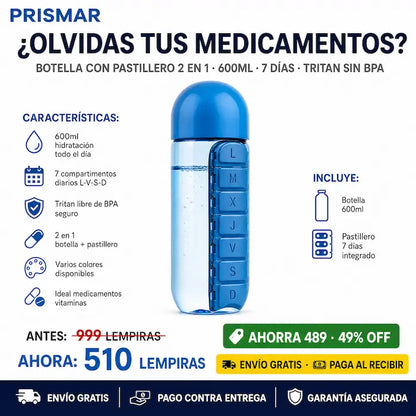 💊💧 Botella de Agua 2 en 1 con Pastillero Semanal — 7 Compartimentos | 600ml | Sin BPA 🎨✨