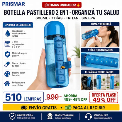 💊💧 Botella de Agua 2 en 1 con Pastillero Semanal — 7 Compartimentos | 600ml | Sin BPA 🎨✨