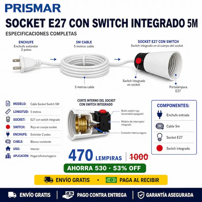 ⚡ Extensión Eléctrica 5 Metros con Switch — ¡Alcanzá Cualquier Rincón de tu Hogar!