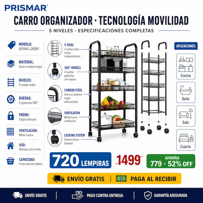🛒✨ Carrito Organizador 5 Niveles con Ruedas — Cocina, Baño y Más | Acero Negro 🏠🔄