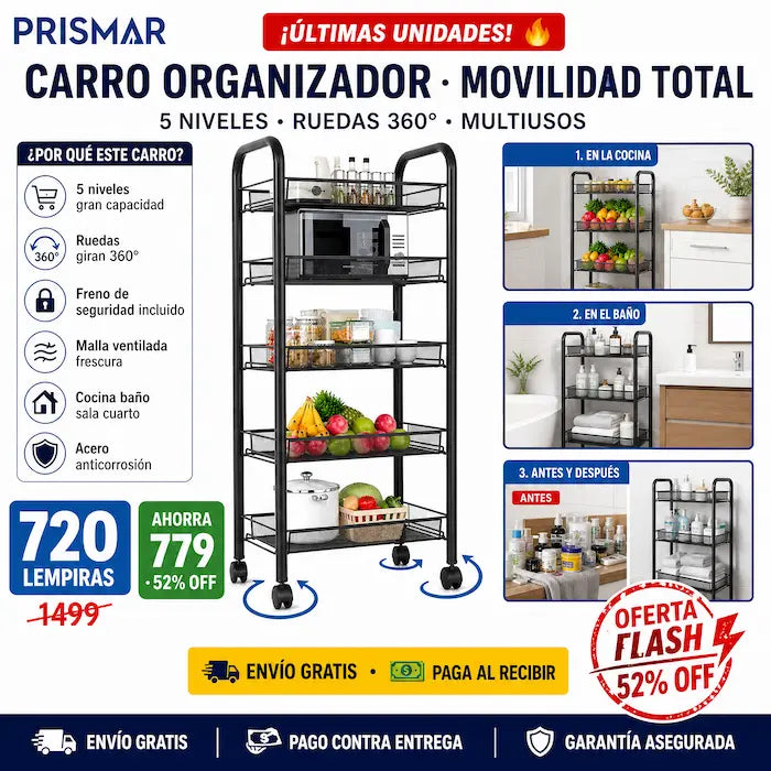 🛒✨ Carrito Organizador 5 Niveles con Ruedas — Cocina, Baño y Más | Acero Negro 🏠🔄