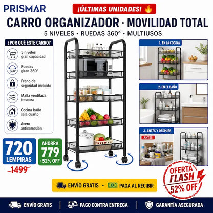 🛒✨ Carrito Organizador 5 Niveles con Ruedas — Cocina, Baño y Más | Acero Negro 🏠🔄