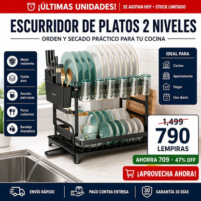 Escurridor de Platos 2 Niveles con Bandeja Drenadora — Doble Capacidad, Acabado Premium