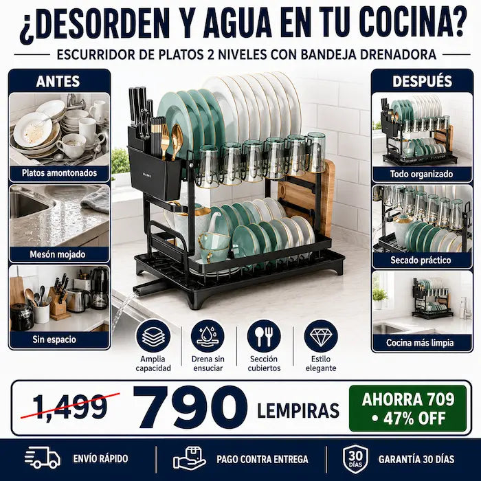 Escurridor de Platos 2 Niveles con Bandeja Drenadora — Doble Capacidad, Acabado Premium