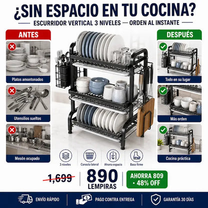Escurridor de Platos Vertical 3 Niveles con Canasta Lateral y Ganchos — Libera tu Mesón