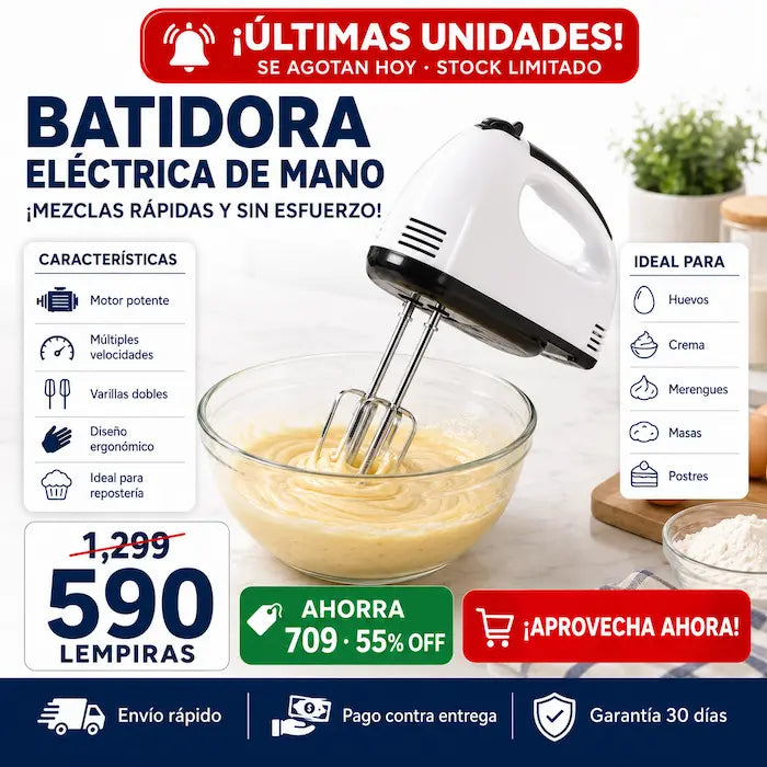 Batidora Eléctrica de Mano con Doble Varilla — Repostería Profesional en Minutos