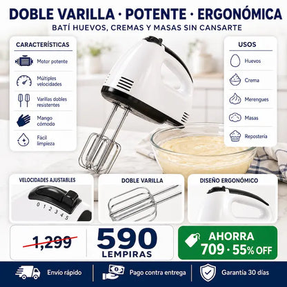 Batidora Eléctrica de Mano con Doble Varilla — Repostería Profesional en Minutos