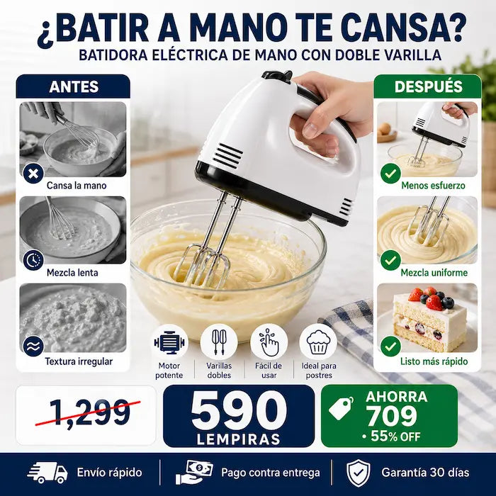 Batidora Eléctrica de Mano con Doble Varilla — Repostería Profesional en Minutos