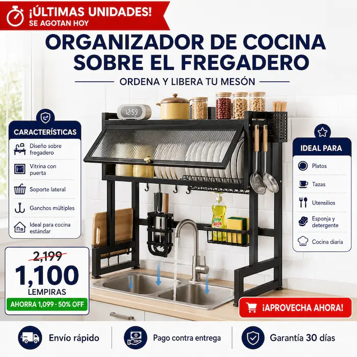 Organizador de Cocina Sobre el Fregadero con Vitrina — Libera el 100% del Mesón