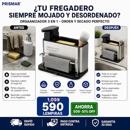 Organizador de Fregadero 3 en 1 de Acero Inoxidable