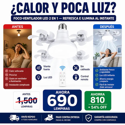 Foco-Ventilador LED E27 2 en 1 con Control Remoto — Luz + Aire Fresco en Segundos