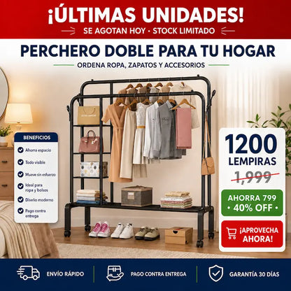Perchero Closet Abierto Doble Barra con Ruedas — Organizá Toda tu Ropa, Zapatos y Accesorios