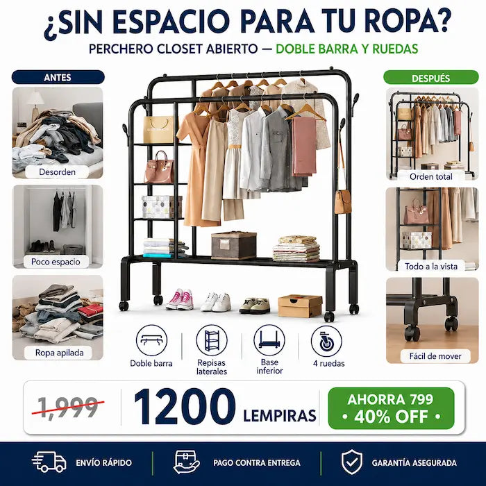 Perchero Closet Abierto Doble Barra con Ruedas — Organizá Toda tu Ropa, Zapatos y Accesorios