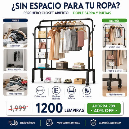 Perchero Closet Abierto Doble Barra con Ruedas — Organizá Toda tu Ropa, Zapatos y Accesorios