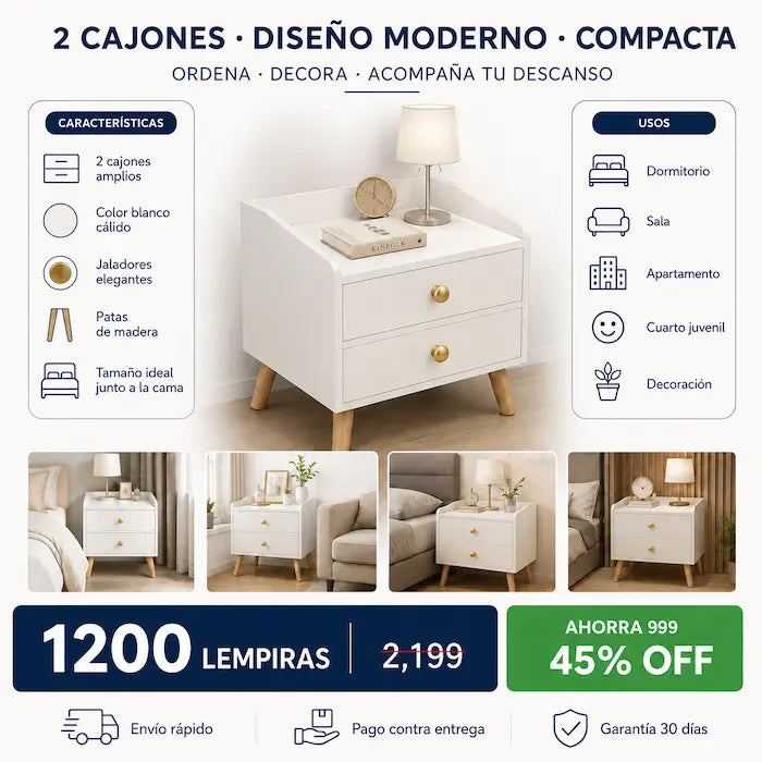 Mesita de Noche Moderna con 2 Cajones y Patas de Madera — Estilo Minimalista para tu Dormitorio