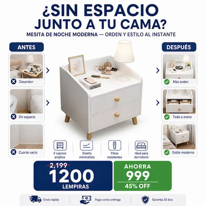 Mesita de Noche Moderna con 2 Cajones y Patas de Madera — Estilo Minimalista para tu Dormitorio