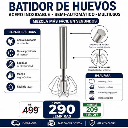 Batidor de Huevos Semi-Automático Manual de Acero Inoxidable — Bate Solo Al Presionar, Sin Pilas ni Electricidad