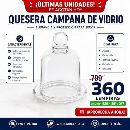 Quesera Campana de Vidrio Elegante con Plato Base — Decorá tu Mesa y Conservá tus Alimentos