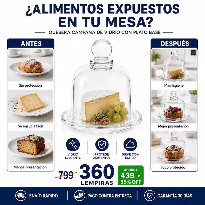 Quesera Campana de Vidrio Elegante con Plato Base — Decorá tu Mesa y Conservá tus Alimentos